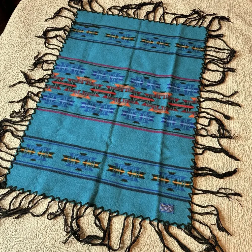 Vintage Pendleton Beaver State Robes And Shawls Aztec Blanket Blue Green 30x43